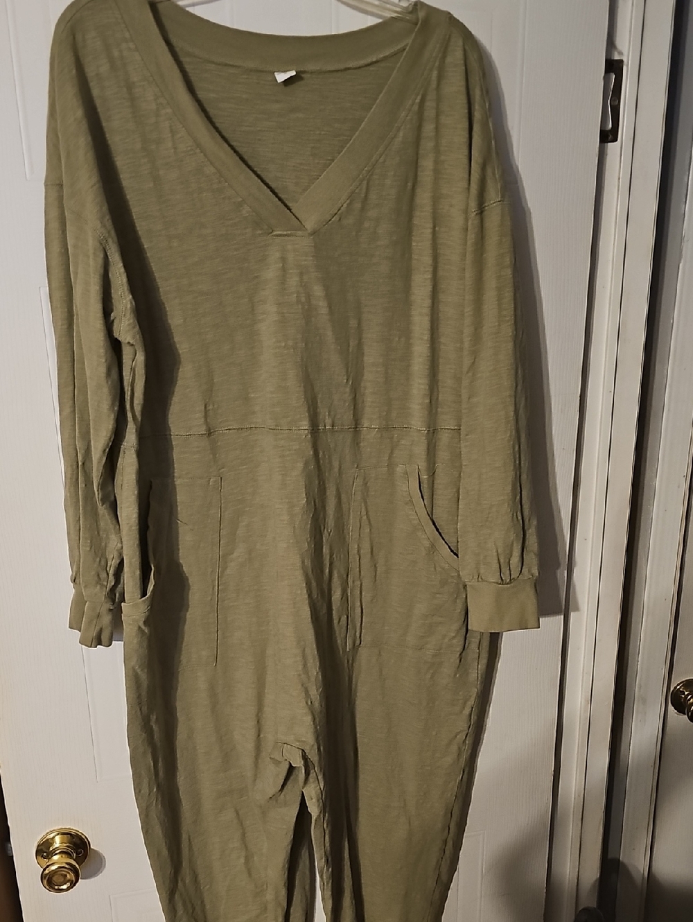 Olive Green V-Neck Jumpsuit with Pockets
